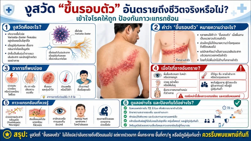 งูสวัด “ขึ้นรอบตัว” อันตรายถึงชีวิตจริงหรือไม่? เข้าใจโรคให้ถูก ป้องกันภาวะแทรกซ้อน